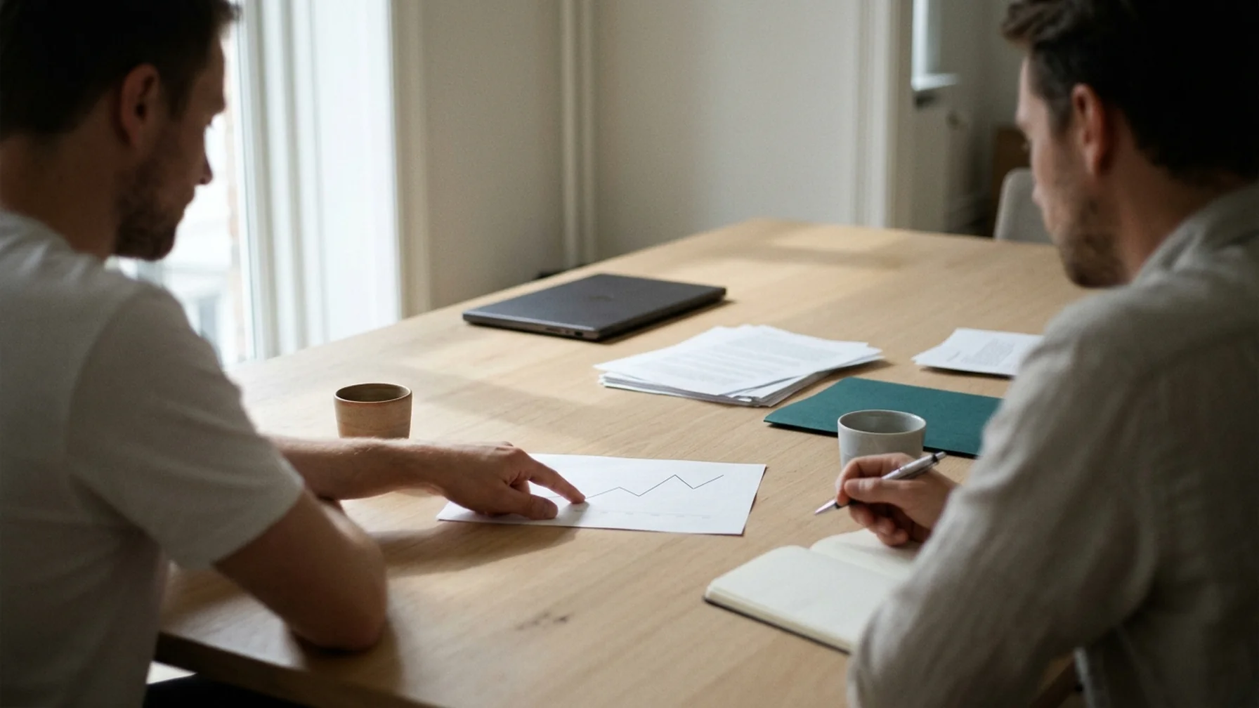 Two colleagues reviewing a printed chart of exchange rate movements at a meeting table, one pointing at a line on the page