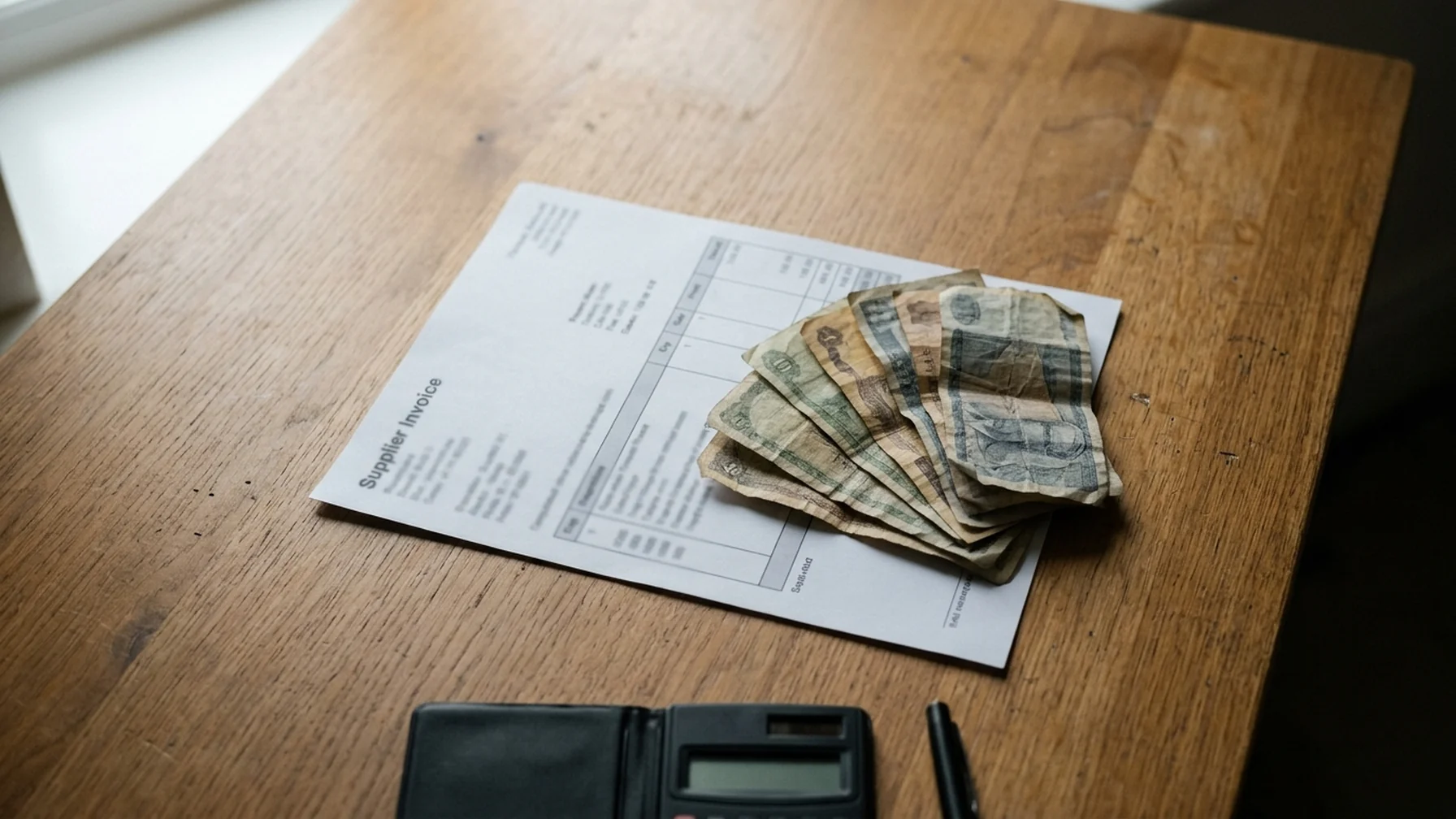 A finance manager's desk with a printed invoice, a currency conversion note and a calculator, natural window light across the papers