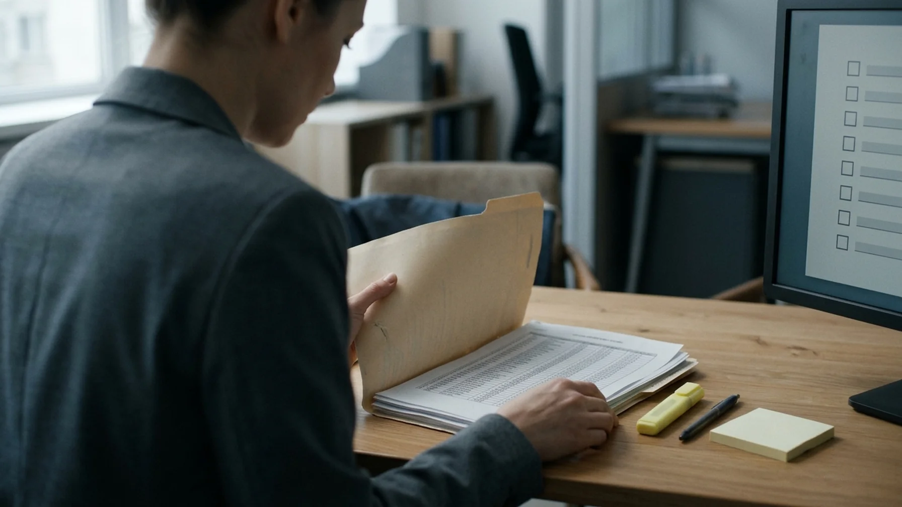 Compliance officer reviewing a folder of payment documents at a desk with a second monitor showing a checklist