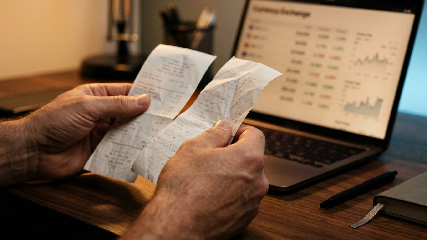 Close view of hands comparing two payment receipts next to a laptop showing a currency exchange screen, warm indoor light